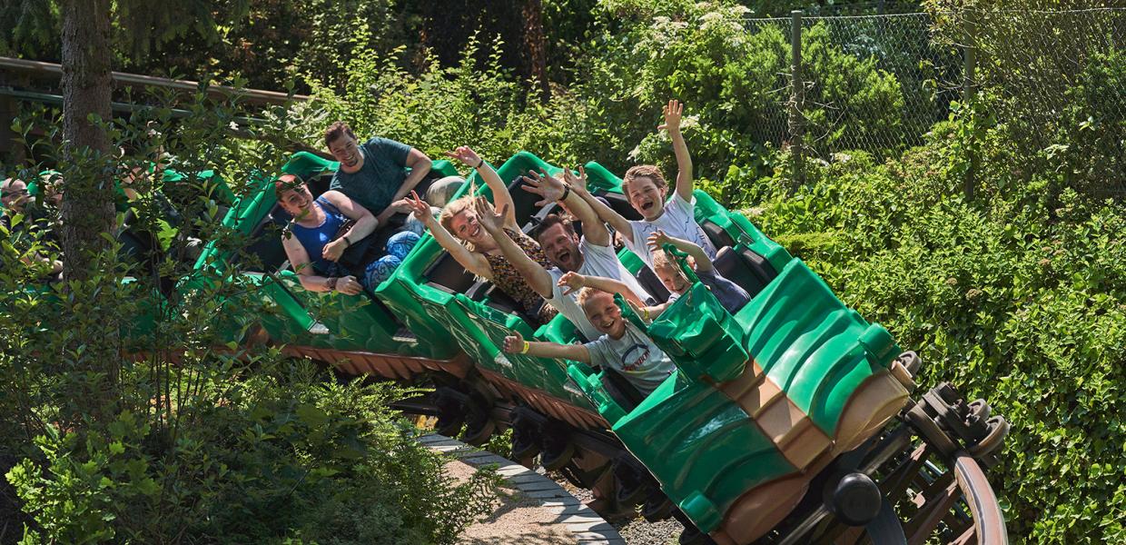 Saust auf der grünen Drachenrutsche im LEGOLAND® Park in hohem Tempo nach unten. Oder probiert einen der anderen 50 Fahrgeschäfte für Kinder und Familien aus.