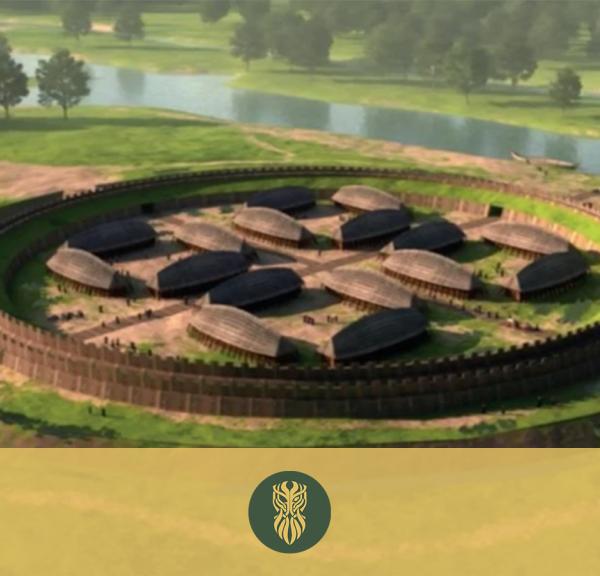 Illustration, wie der Ringborgen in Odense in der Nähe des Flusses Odense gebaut wurde. Der äußere Ring ist ein Erdwall und der innere Ring ist ein holzbedeckter Erdwall.