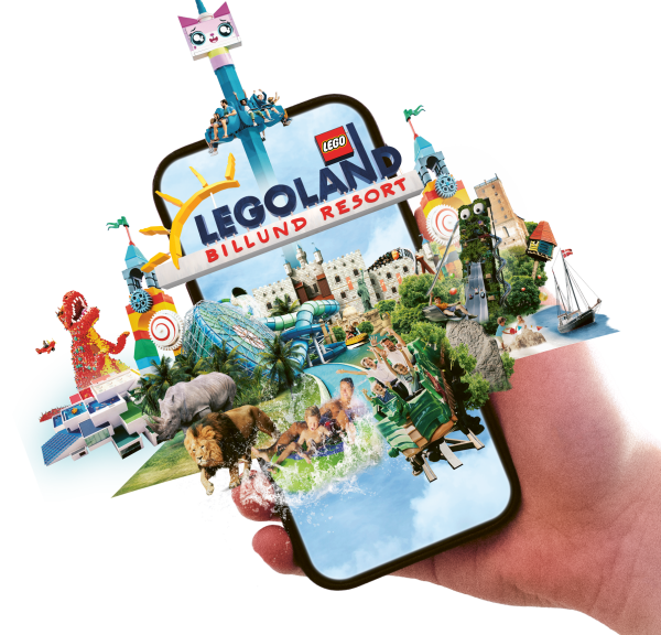 En hånd der holder en mobiltelefon, som viser LEGOLAND Billund Resort Key Visual med attraktioner i trekantområdet
