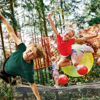 Entdeckt den wunderbaren Wald im WOW Park. Man kann sich, wie dieser Junge, von ganz oben nach unten schwingen. Oder mit Riesenbällen in die gigantisch großen Netze springen.