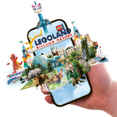 En hånd der holder en mobiltelefon, som viser LEGOLAND Billund Resort Key Visual med attraktioner i trekantområdet